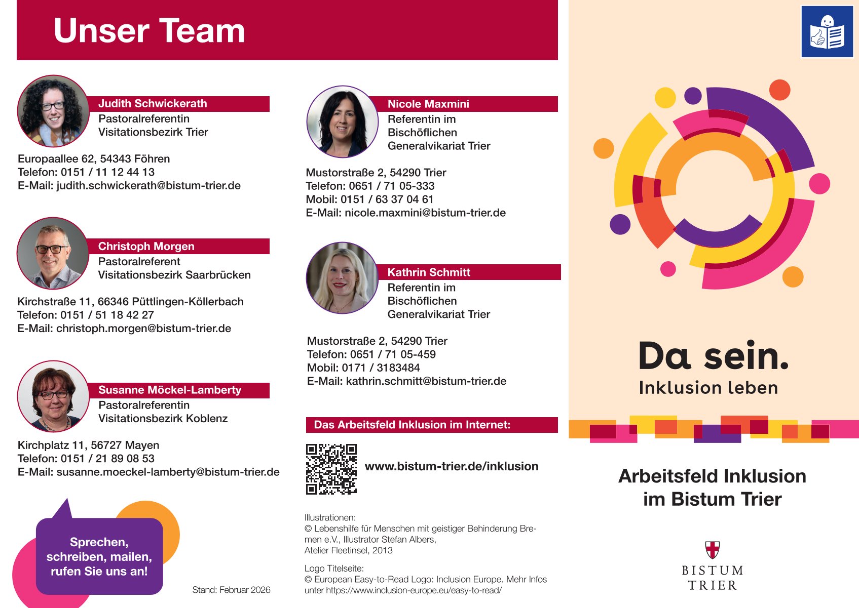 Flyer Arbeitsfeld Inklusion - Vorstellung des Teams mit Kontaktinfos